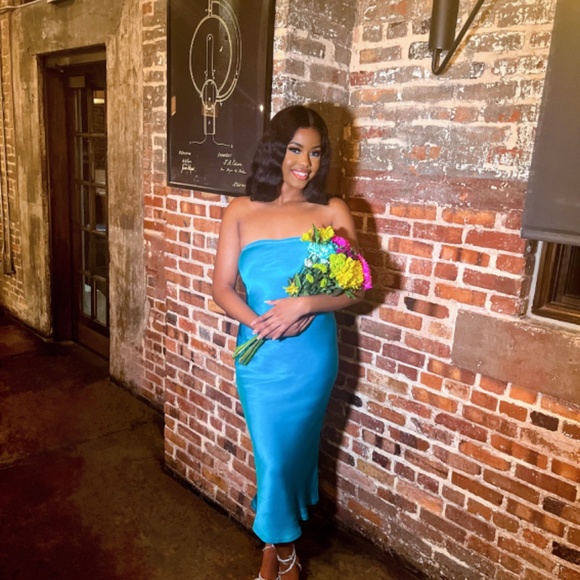 Meshki TYLER Strapless Satin Midi Dress - Cyan Blue - Picture 2 of 6